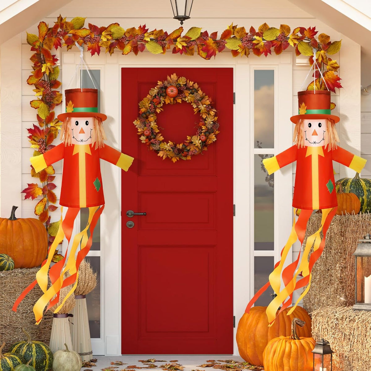 2 Pcs Fall Thanksgiving Scarecrows Windsocks Decoration 40'' Vintage WindSocks for Thanksgiving Decorations Outdoor Hanging Scarecrow for Thanksgiving Party Home Farmhouse Yard Window Decor