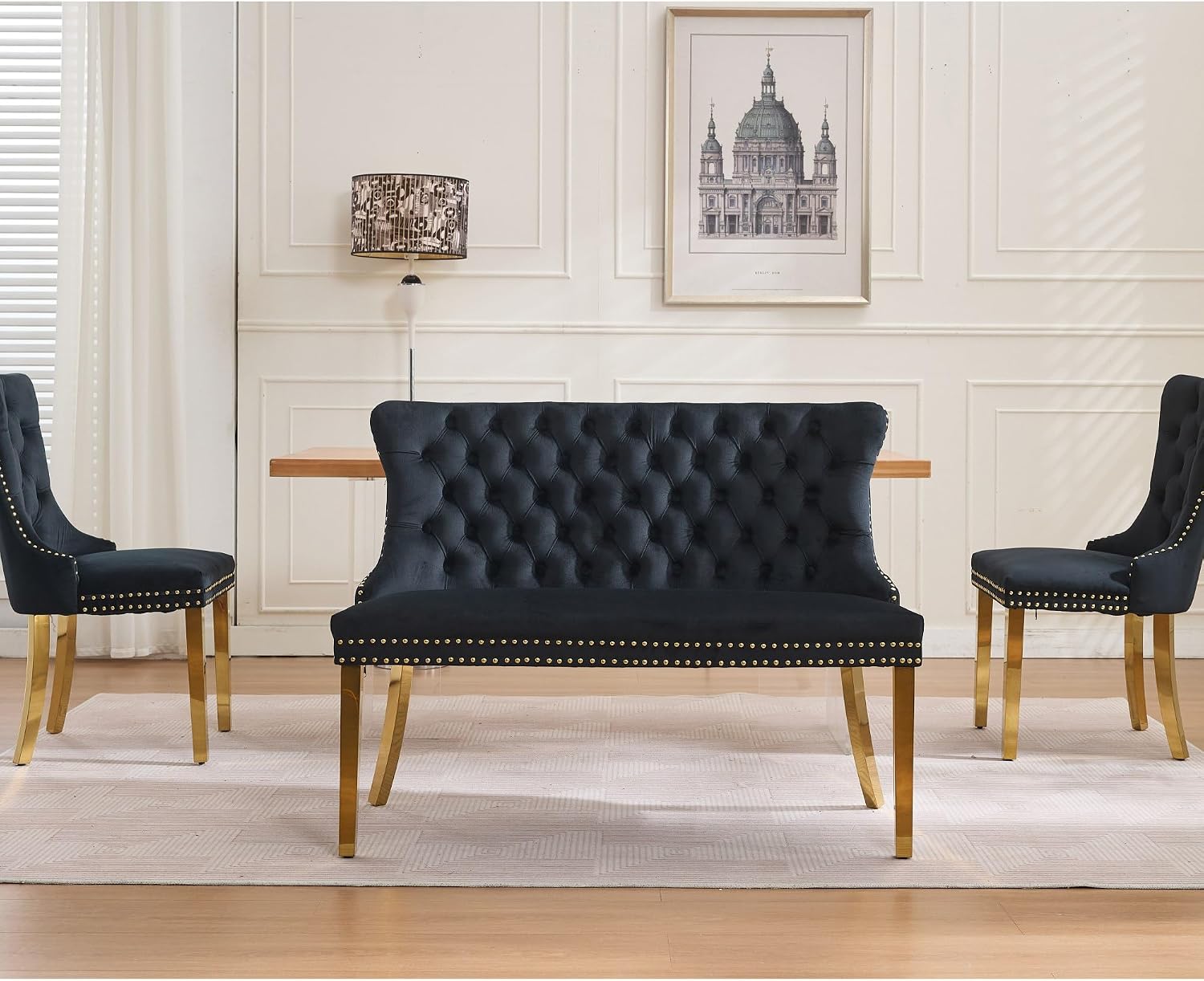 Modern Loveseat Settee Bench Sofa Couch, 46" Dining Bench with Wing Back,Nailhead Trim,Gold Stainless Steel Legs, Upholstered Banquette Entryway Bench for Dining Living Room Hallway Entryway,Black