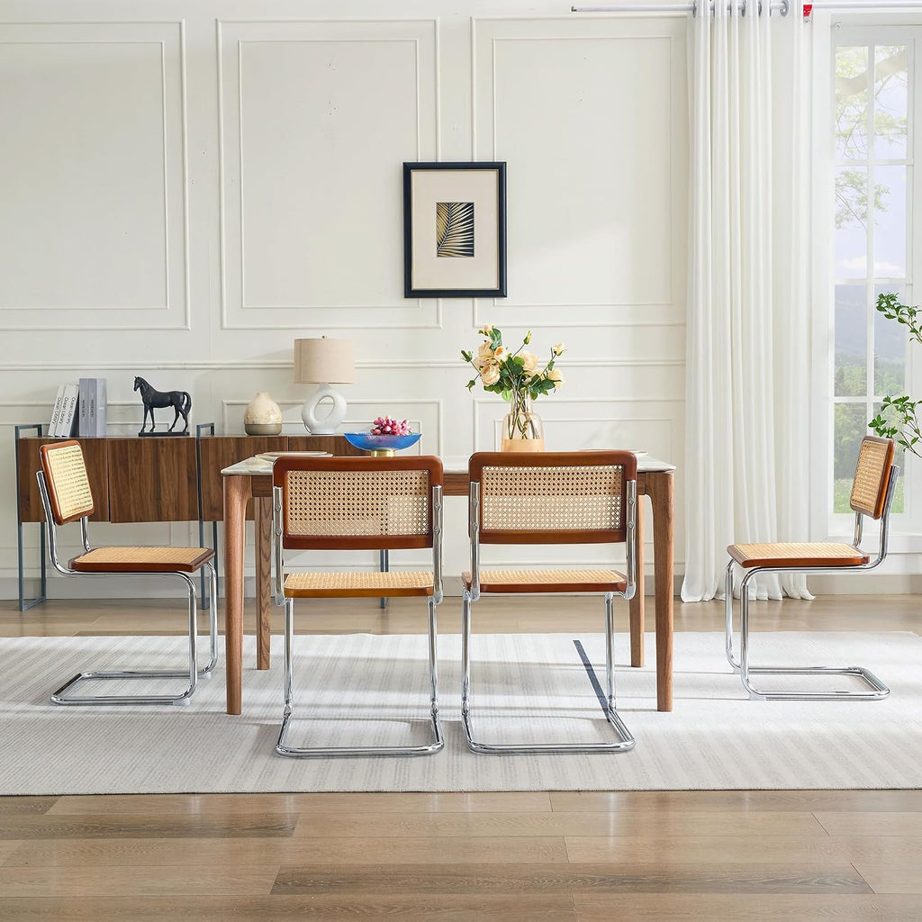 Flouki Rattan Dining Chairs Set of 2, Boho Accent Chairs for Kitchen Room with Natural Cane Mesh, Mid Century Cantilever Design, Solid Rubber Wood, Brown