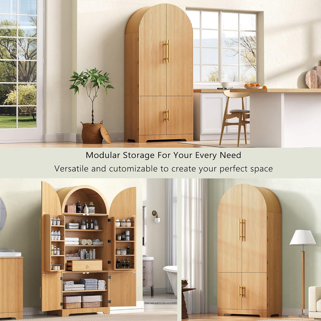 72’’ Tall Arched Kitchen Pantry Cabinet with Drawer & Adjustable Shelves, Modern Fluted Cupboard Storage Cabinet for Living Room Utility Room, Natural