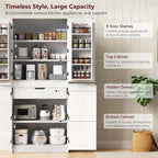72'' Tall Mid-Century Kitchen Pantry with 3 Adjustable Shelves, Freestanding Storage Cabinet with 8 Door Shelves & 1 Hidden Drawer, Versatile Cupboard for Kitchen, Dining & Living Room,White