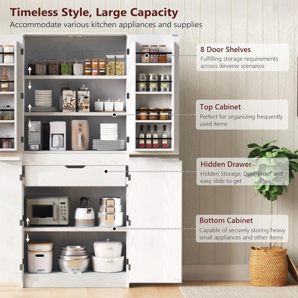 72" Tall Pantry Cabinet with 8 Door Shelves, 250lb Heavy Duty Storage Cupboard with Drawer, Modern Farmhouse Organizer for Office & Dining, White