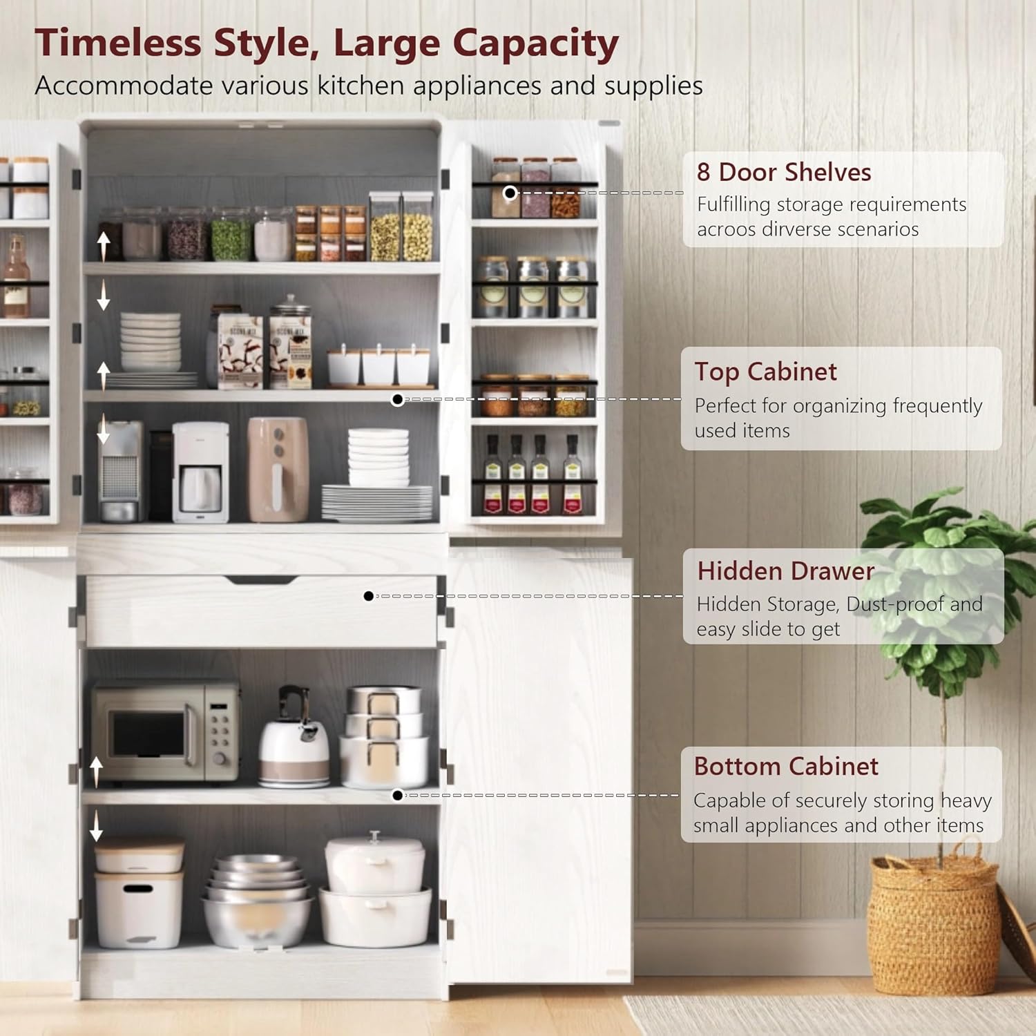 72" Tall Pantry Cabinet with 8 Door Shelves, 250lb Heavy Duty Storage Cupboard with Drawer, Modern Farmhouse Organizer for Office & Dining, White