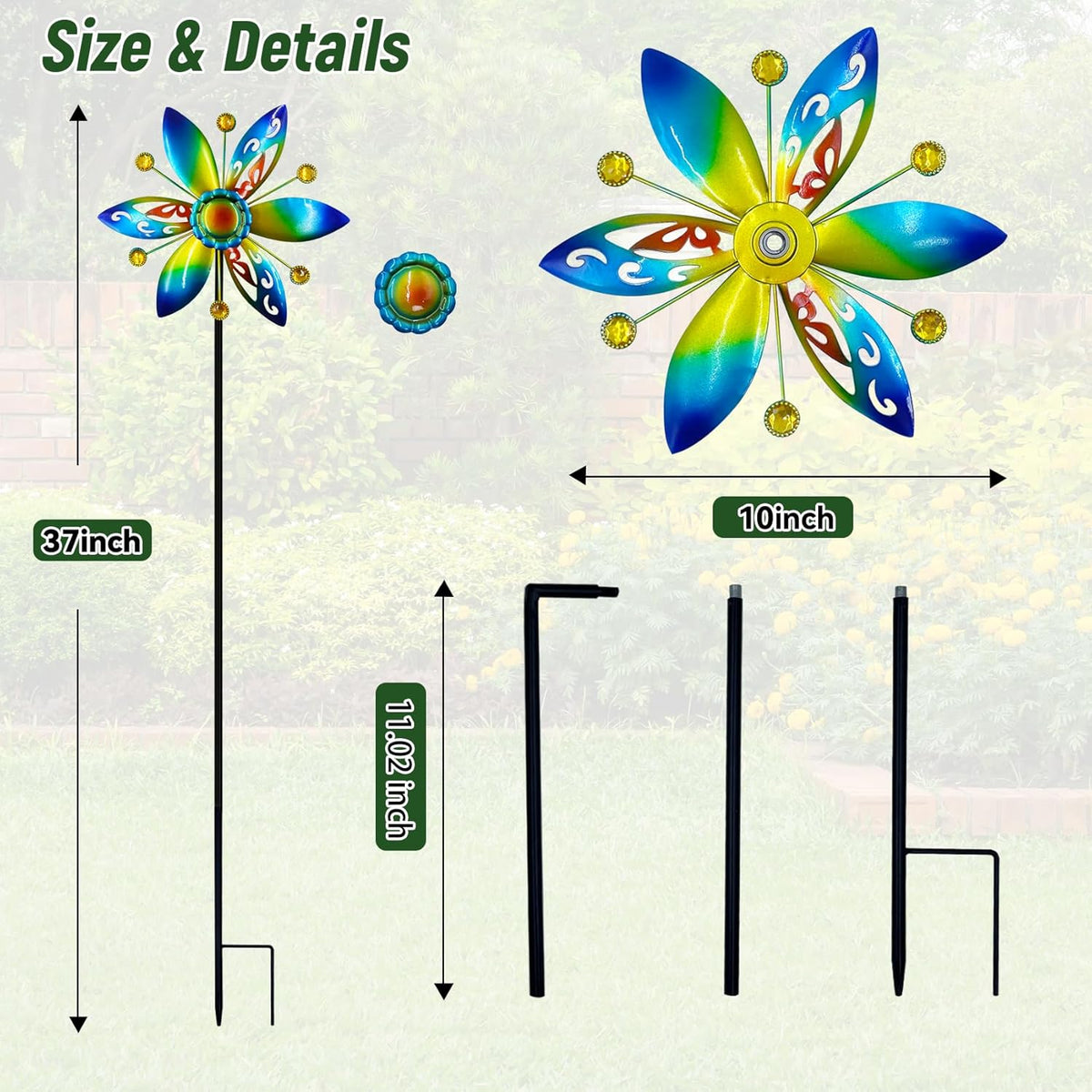 Small Wind Spinner for Outdoor, Kinetic Wind Spinner & Sculpture with Butterfly Cutout Blades & Yellow Acrylic Beads, Decorative Windmill Metal Yard Art for Patio, Lawn & Flower Bed