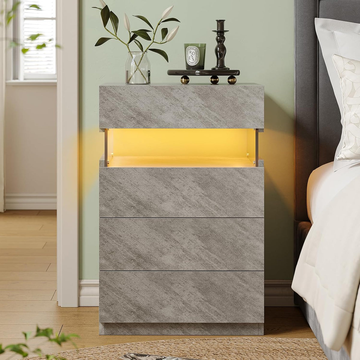 Bingoday Gray LED Night Stand Set 2 with 4 Drawers Modern Bedside Table | Nightstands with App-Controlled Adjustable LED Lights, Night Stand with Storage Shelf ,Modern Bedside Table for Bedroom