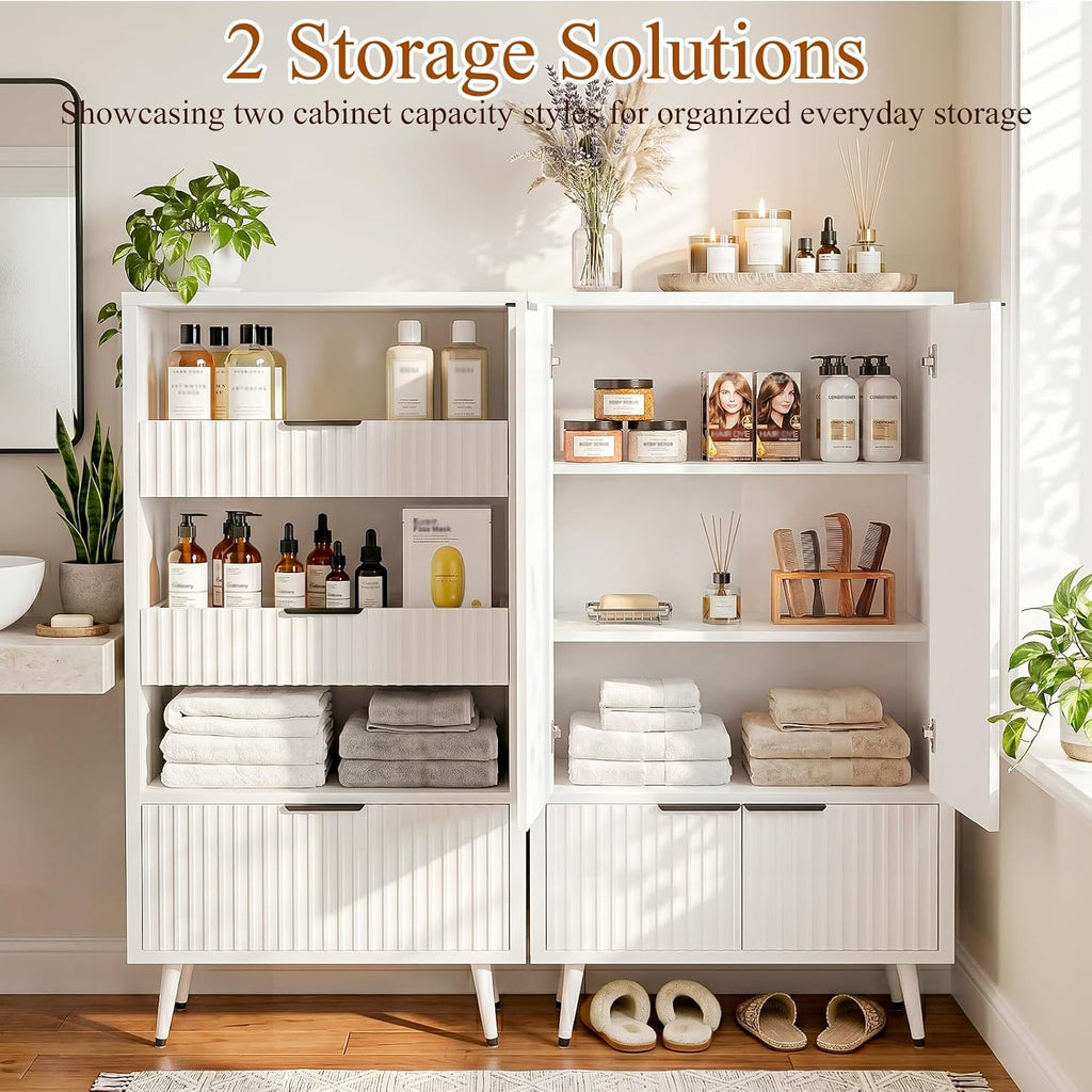 Bathroom Storage Cabinet, 51.2" H 5-Tier Freestanding Pantry Cabinet with 3 Extra-Large Drawers & Open Shelf, Fluted Floor Organizer Cupboard for Kitchen, Living Room, Anti-Tip, White