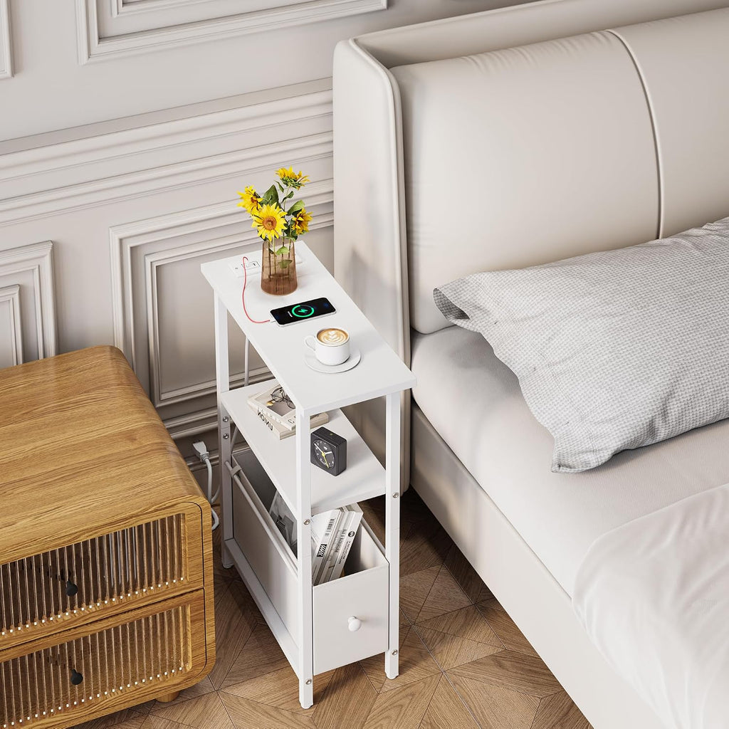 Narrow Side Table with Charging Station, Skinny End Table for Small Spaces, Thin Sofa Side Table with 1 Fabric Drawer, Slim Nightstand for Living Room, Bedroom, White