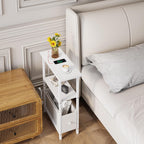 Narrow Side Table with Charging Station, Skinny End Table for Small Spaces, Thin Sofa Side Table with 1 Fabric Drawer, Slim Nightstand for Living Room, Bedroom, White
