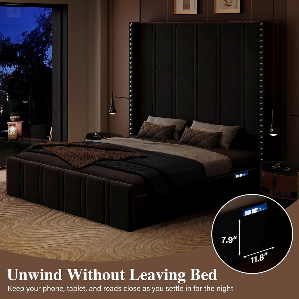 Queen Bed Frame with 65.75" Tall Headboard, Black