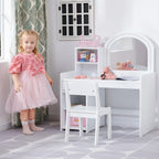 Kids Vanity with Lights, Vanity Set with Drawer and Storage Shelves, 2 in 1 Toddler Vanity with Lighted Mirror, Girls Vanity Set with Stool for Little Girls (White)