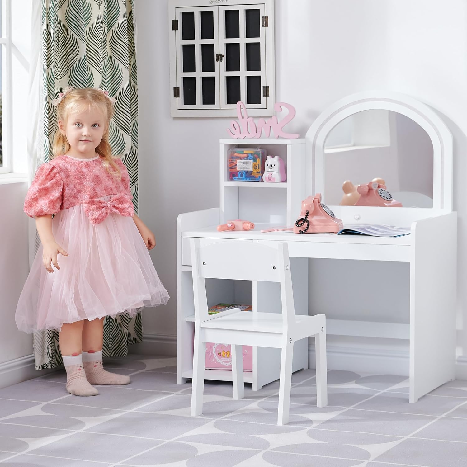 Kids Vanity with Lights, Vanity Set with Drawer and Storage Shelves, 2 in 1 Toddler Vanity with Lighted Mirror, Girls Vanity Set with Stool for Little Girls (White)