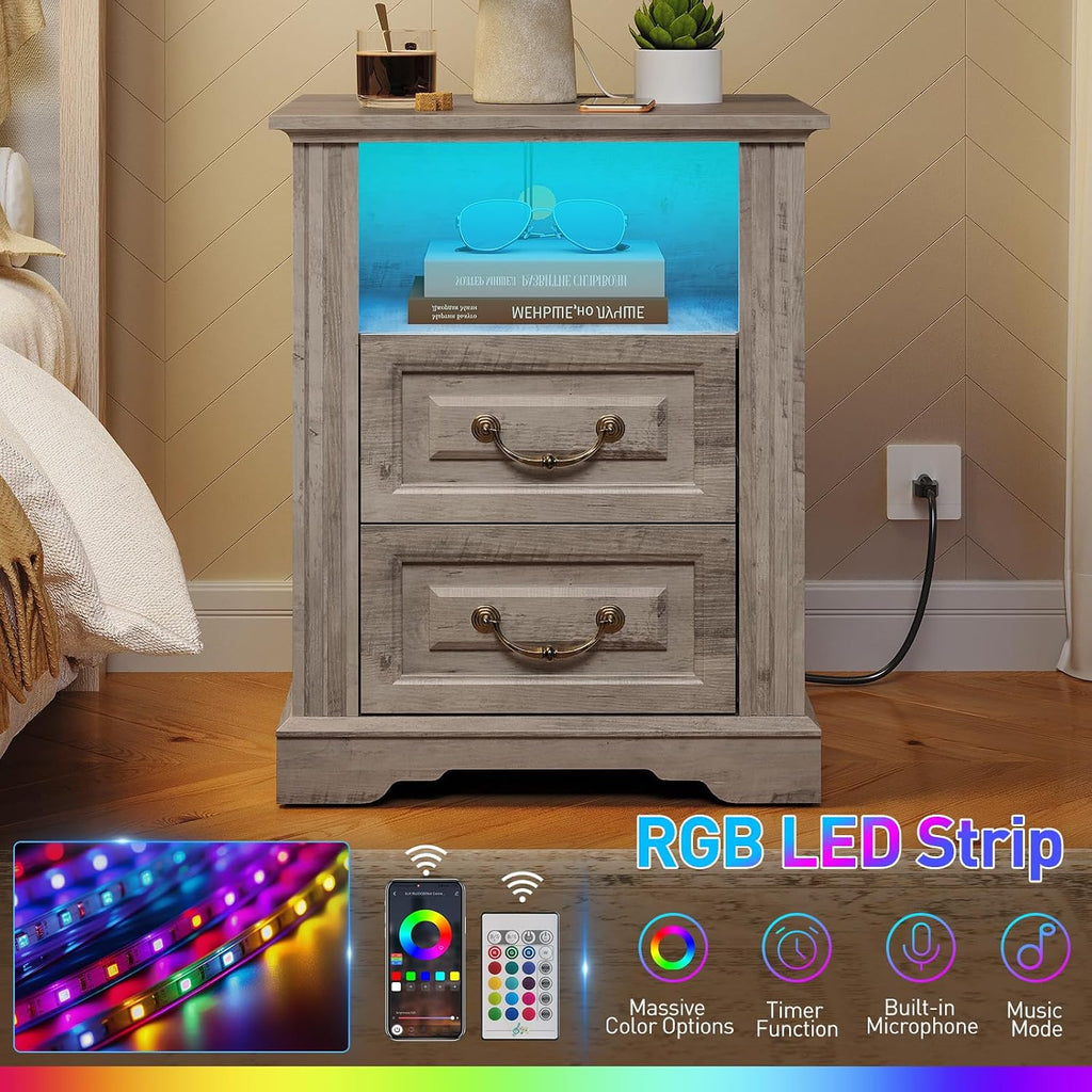 RALGEND Farmhouse Nightstand with Charging Station, Night Stand with 2 Drawers, End Tables Living Room, LED Bed Side Table with Open Shelf, End Table for Bedroom, Living Room, Greige