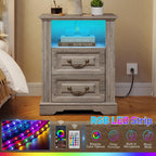 RALGEND Farmhouse Nightstand with Charging Station, Night Stand with 2 Drawers, End Tables Living Room, LED Bed Side Table with Open Shelf, End Table for Bedroom, Living Room, Greige