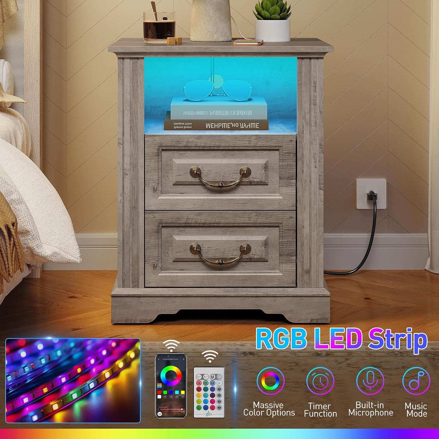 RALGEND Farmhouse Nightstand with Charging Station, Night Stand with 2 Drawers, End Tables Living Room, LED Bed Side Table with Open Shelf, End Table for Bedroom, Living Room, Greige