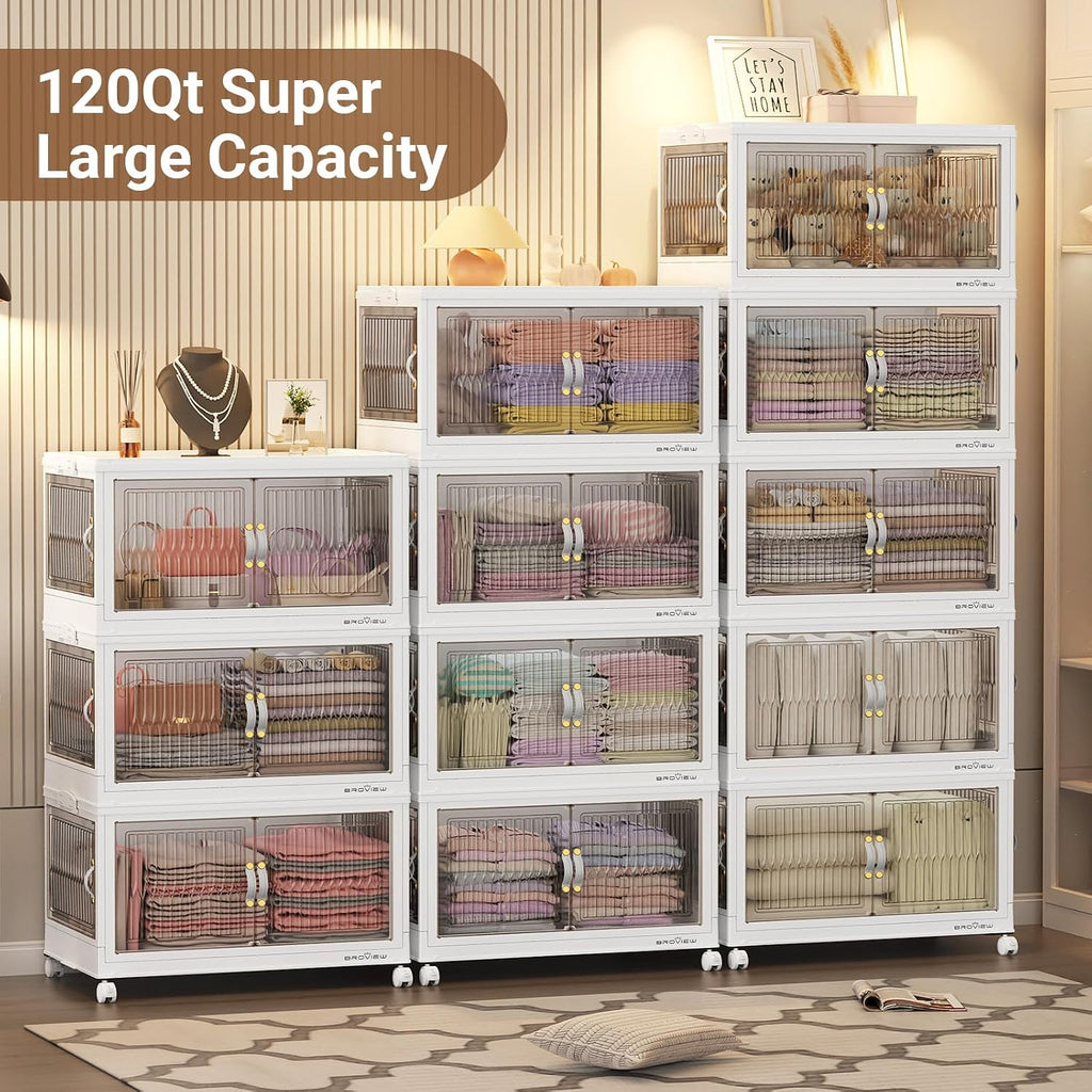 BROVIEW 90Gal Large Stackable Storage Bins with Lids, Plastic Closet Organizer and Storage Drawer, Collapsible Storage Box with Wheels, Folding Storage Cabinet with Doors for Home Office, 3Pack White