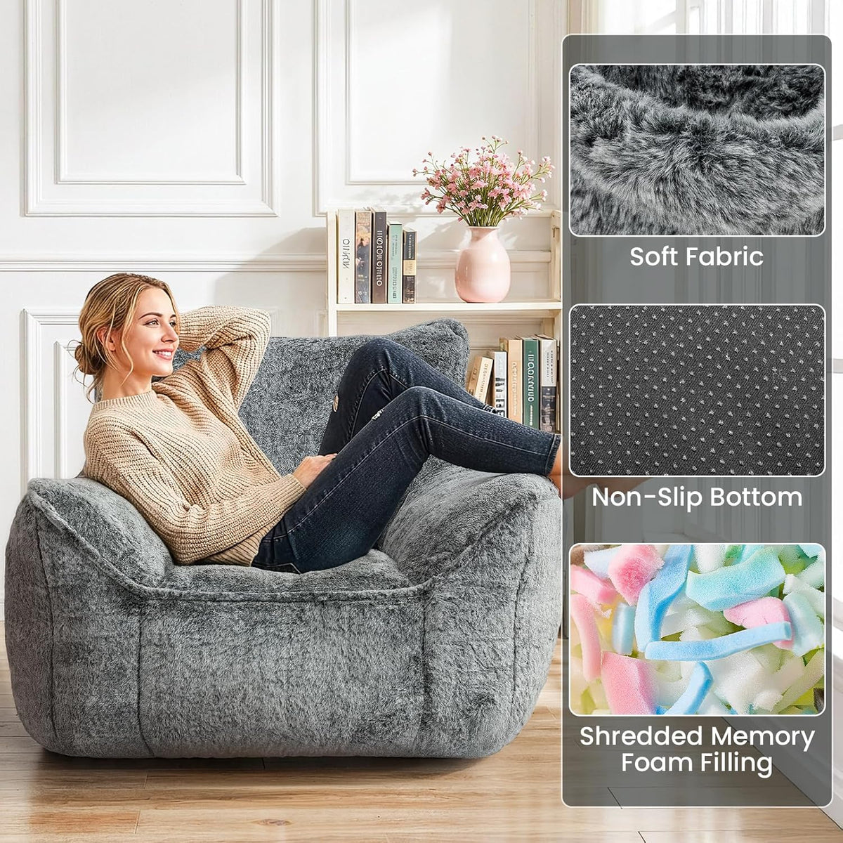 Cvortll Bean Bag Chair, Bean Bag Sofa, Faux Fur Bean Bag Chairs,with armrests and a Sturdy backrest, Suitable for Apartments, Living Rooms, bedrooms, Games, Reading (Gray)