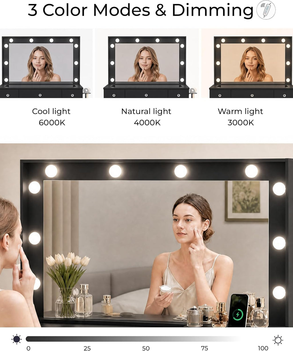 Otterease Black Makeup Vanity with Mirror and Lights,11 Drawers & Glass Top | Vanity Desk Table with Charging Station and 10 LED Bulbs, Hair Dryer Holder, for Bedroom
