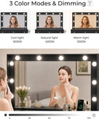 Otterease Black Makeup Vanity with Mirror and Lights,11 Drawers & Glass Top | Vanity Desk Table with Charging Station and 10 LED Bulbs, Hair Dryer Holder, for Bedroom
