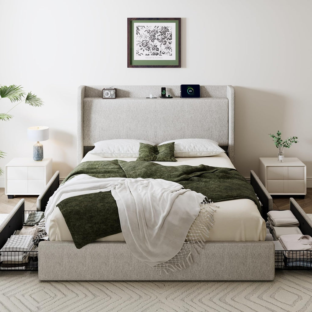 SHA CERLIN Queen Size Storage Bed Frame with 4 Oversized Drawers, Modern Wingback Headboard with Storage Shelf & Charging Station, No Box Spring Needed, Easy Assembly, Light Beige