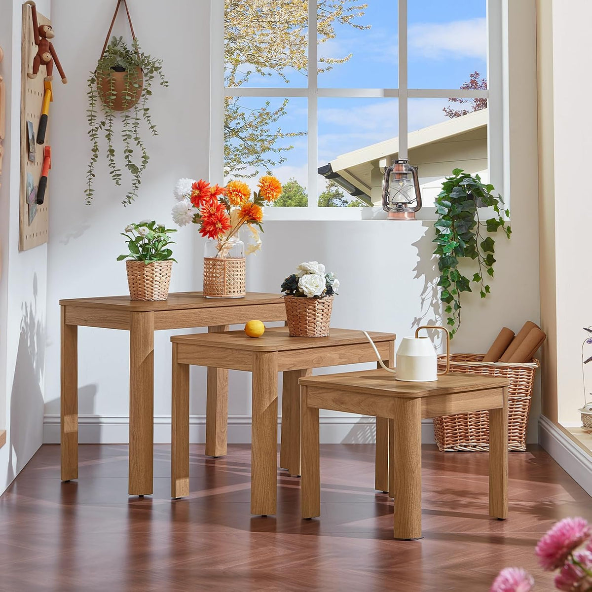 Joaxswe Farmhouse Nesting Tables Set of 3, Brown | Nesting Side Tables with Rounded Corners & 4 Thickened Table Legs & Foldable
