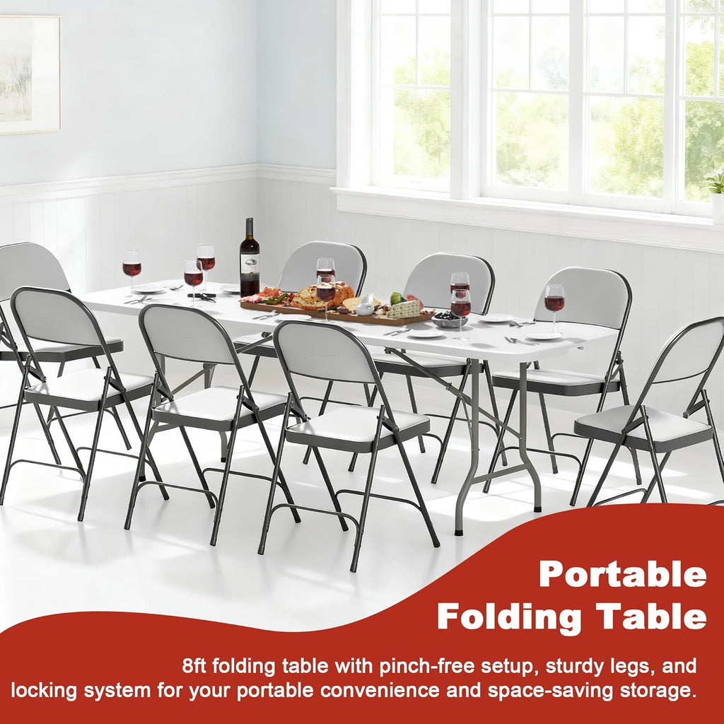 Elevon Folding Table, 8 Feet Heavy Duty Fold-in-Half Utility Table Indoor Outdoor for Camping, Picnic, Party