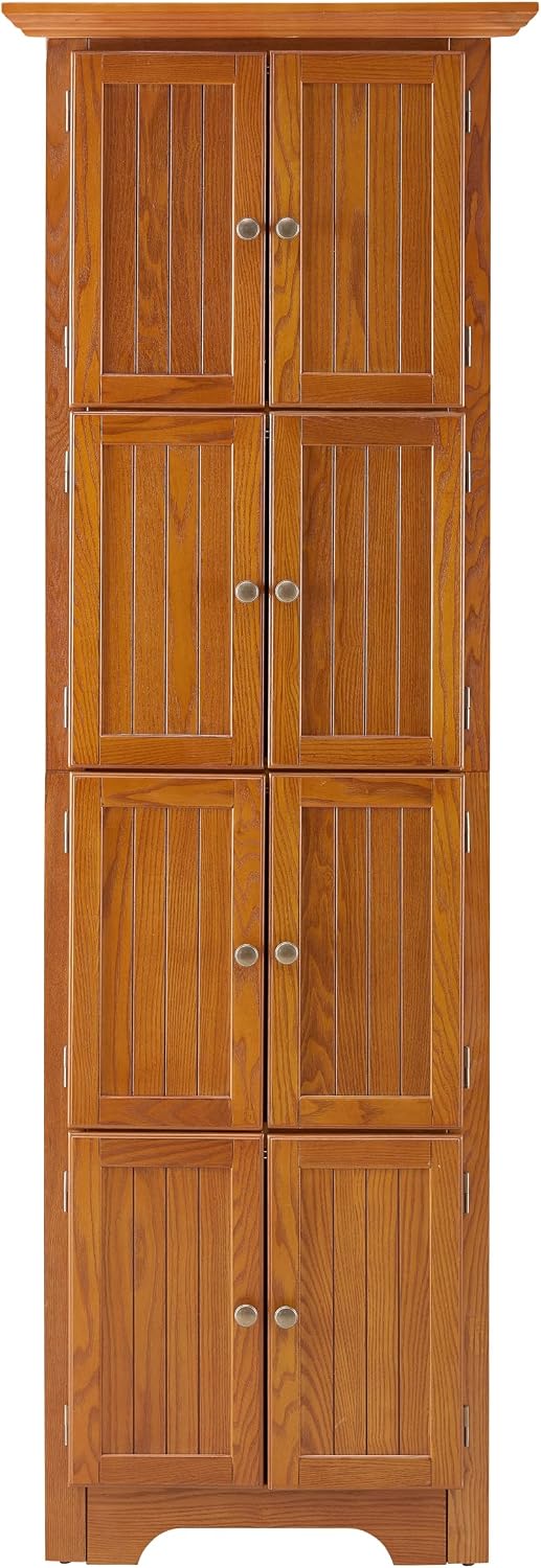 Corner Pantry Cabinet 4-Tier Oak MDF 72H 8 Doors | MDF construction, oak finish, corner pantry cabinet, 8 doors, 4 shelves, 24.4W x 12.2D x 72H