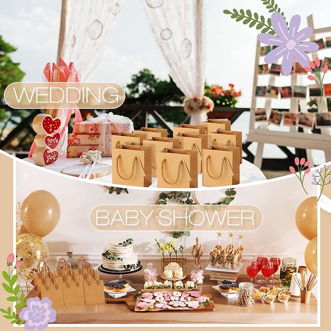 Sherr 100 Pack Mini Gift Bags Bulk, 4 x 2.75 x 4.5 Inches Paper Bags with Tags, Extra Small Paper Gift Boxes with Handles for Birthday, Party Favors, Weddings, Small Business(Brown)