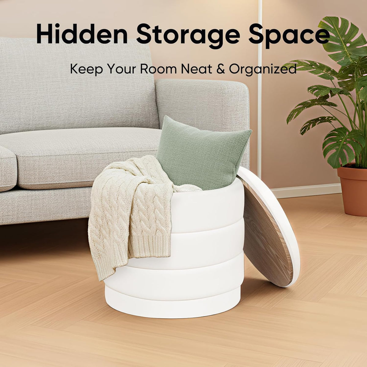 15.4" Round Velvet Storage Ottoman with Reversible Lid, Upholstered Circular Ottoman Footrest with Hidden Storage, Foldable Padded Footstool for Dorm Living Room & Bedroom, White