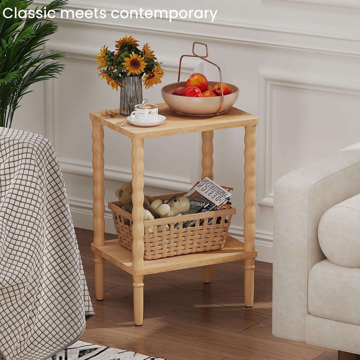Solid Wood Side Table, Small Retro End Table, Narrow Couch Side Table with Storage Shelf, Skinny Bedside Table Nightstand for Small Space, Bedroom, Living Room, Farmhouse, No-Tool Assembly.