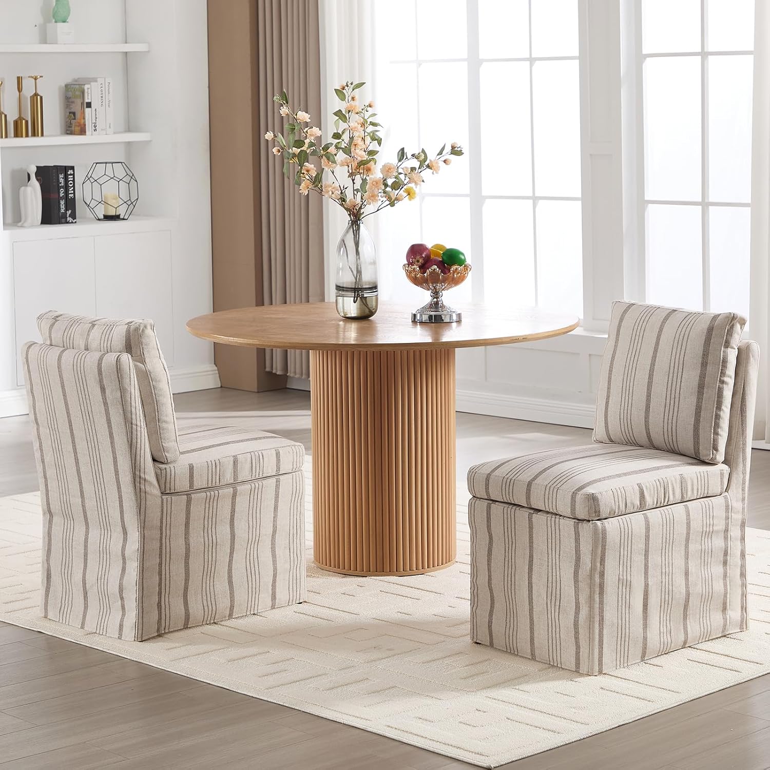 Upholstered Dining Chairs Set of 6 Slipcovered Armless Dining Chair with Solid Wood Legs, Soft Padded Upholstered Side Chair for Dining/Living/Readin Room, Banquet, Khaki Stripe