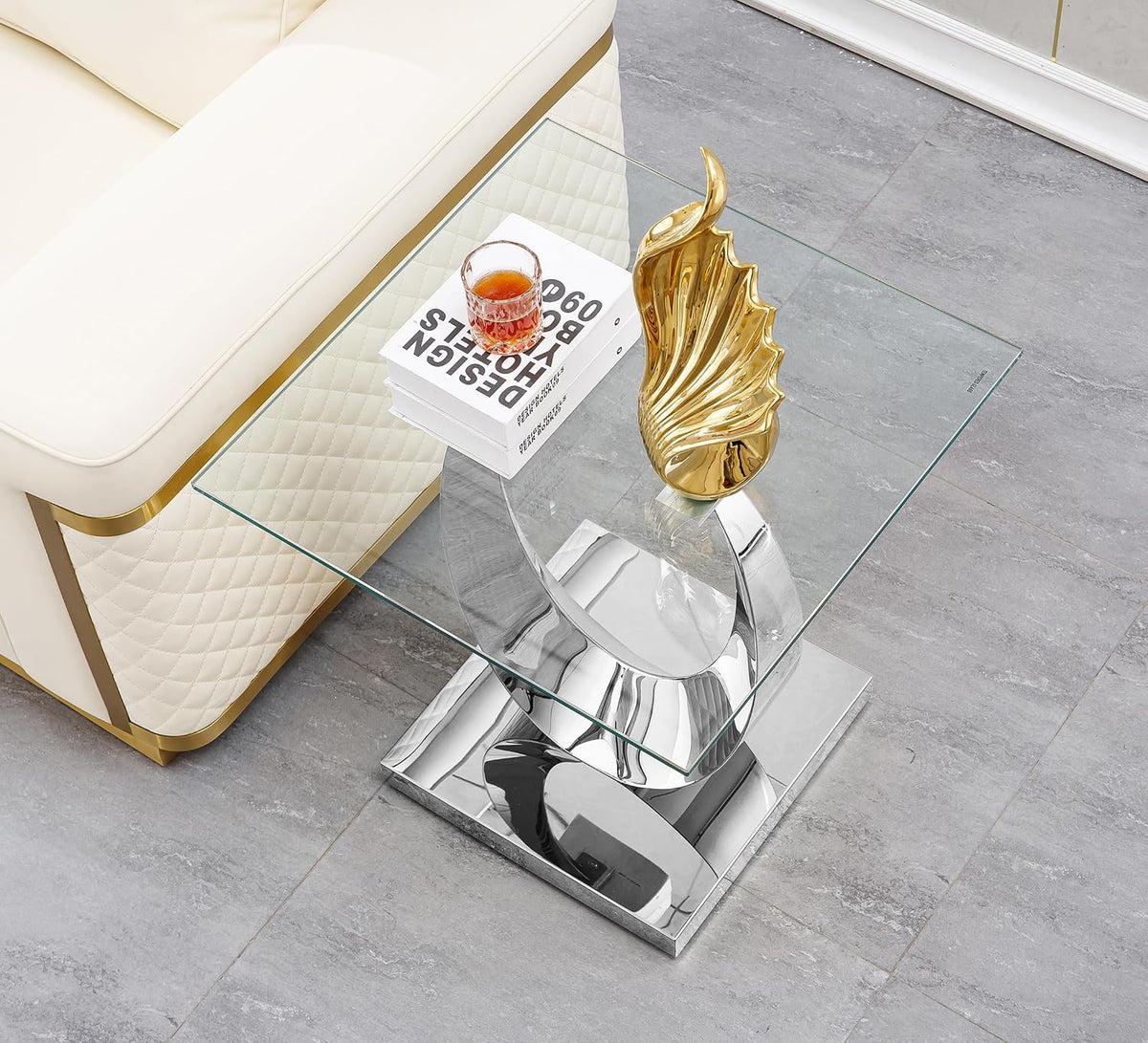 Modern Square End Table for Living Room, Tempered Glass Top & Moon Shape Stainless Steel Base, Luxury Glass Sofa Side Bedside Table, Night Stand, Small Accent Table, Silver