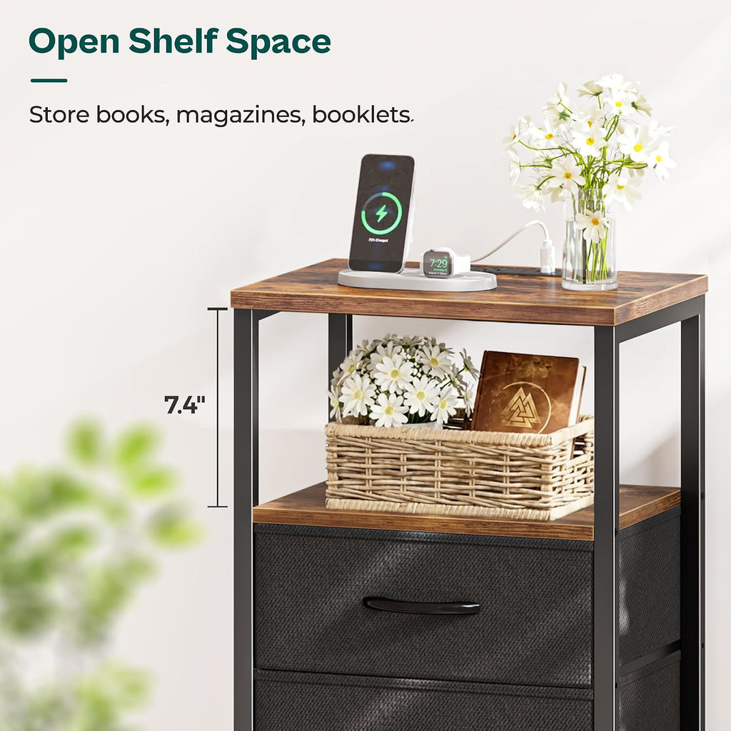 Huuger Nightstand with Charging Station, Side Table with Fabric Drawers, End Table with Open Shelf, Bedside Table with USB Ports and Outlets, Night Stand for Bedroom, Rustic Brown and Black