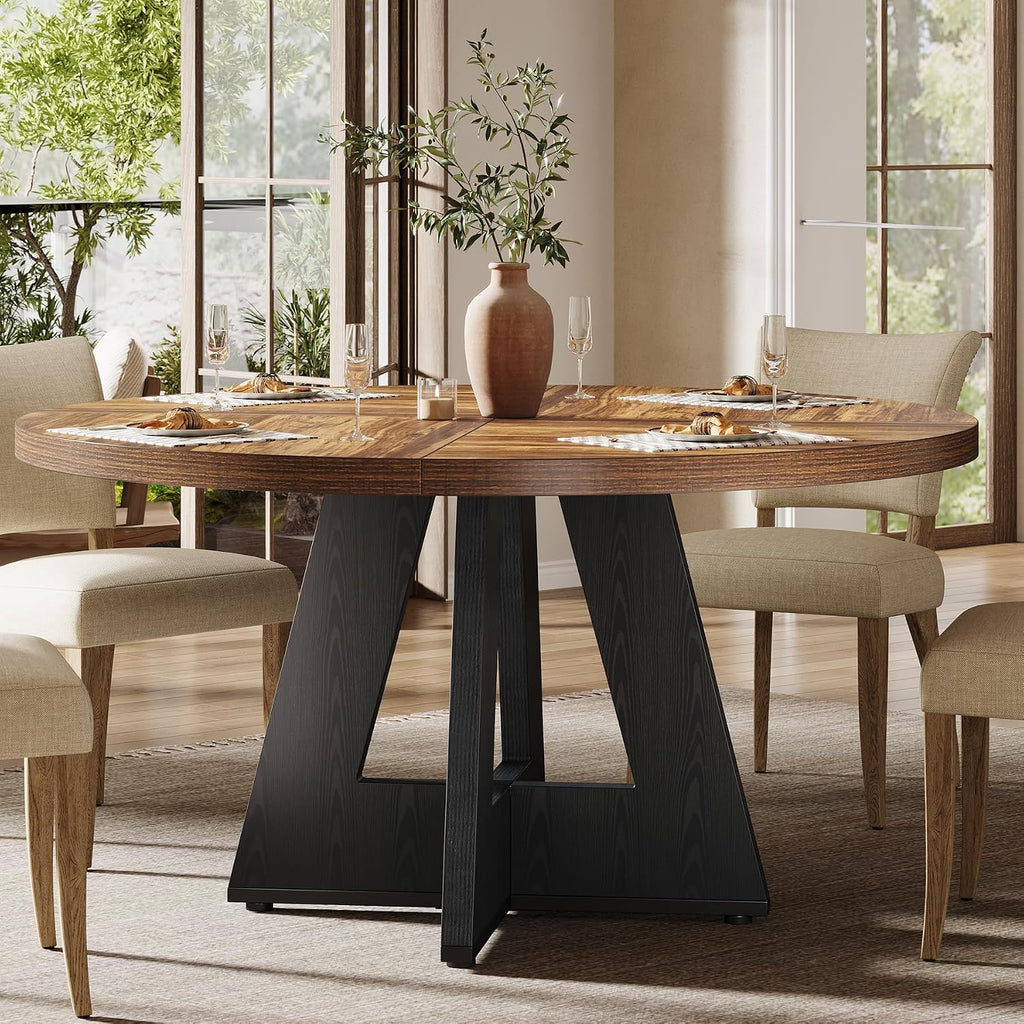 Tribesigns 47 inch Round Dining Table Wood Kitchen Table for Dining Room, 47" Dinner Room Tables for 4-6, Farmhouse Accent Furniture with Wooden Tabletop and Cross Base, Rustic+Black