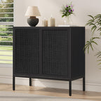 Yechen Full Black Rattan Cabient, Boho Sideboard Cabinet with Natural Rattan Decorated Doors, 31.5" W Accent Cane Credenza Buffet Console Storage, for Living Room Entryway Kitchen, Metal Legs/Set of 3
