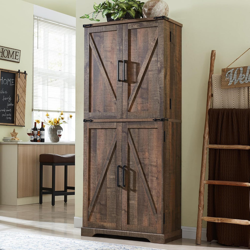 ACCOHOHO 72" Tall Wooden Pantry Storage Cabinet with Door Shelves & Drawer | Farmhouse, Barn Doors, Adjustable Shelves, Freestanding, Anti-tip Kit, for Kitchen, Dining Room, Living Room