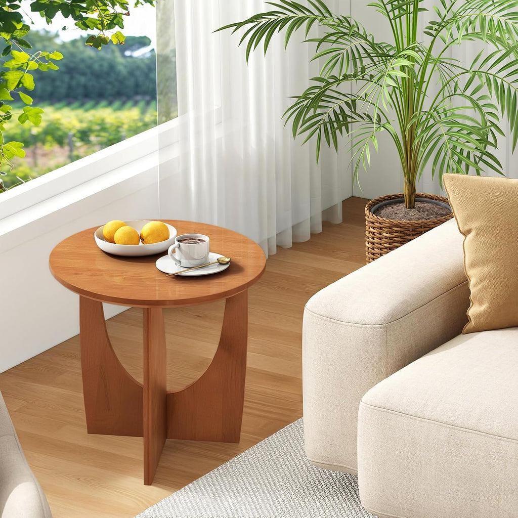 Round End Table, Solid Rubberwood Small Coffee Tables for Living Room, Mid Century Modern End Table for Bedroom, Walnut Color, 19.7''D x 19.7''H