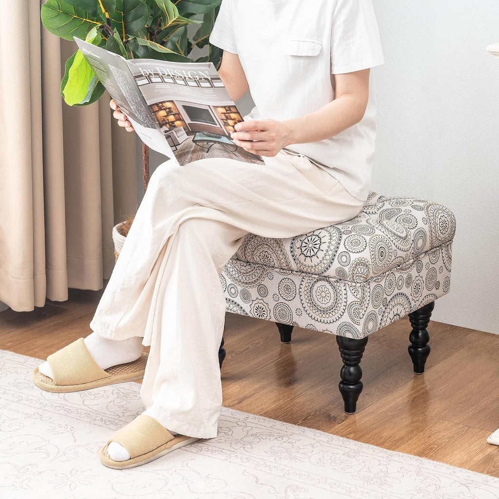 Adeco 20-inch Tufted Ottoman Stool with Wood Legs, Upholstered Foot Rest for Living Room & Bedroom, Mid-Century Boho Accent Stool, Teal Paisley Floral