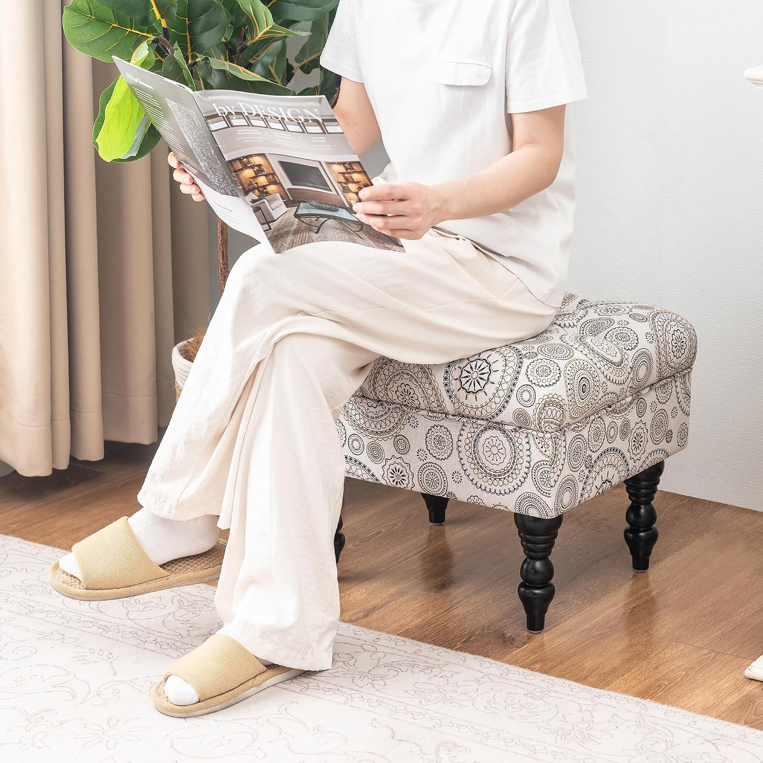 Adeco 20-inch Tufted Ottoman Stool with Wood Legs, Upholstered Foot Rest for Living Room & Bedroom, Mid-Century Boho Accent Stool, Teal Paisley Floral