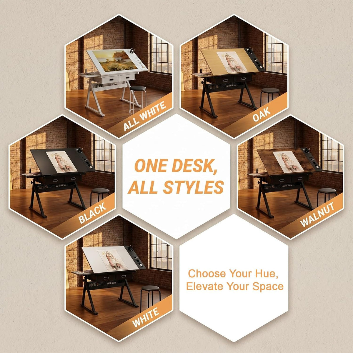 Height Adjustable Drafting Table Drawing Table Artist Desk Tilting Tabletop Art Craft Desk with 2 Storage Drawers and Stool, Art Craft Desk for Artist Painters Drawing Painting (Brown+Black)