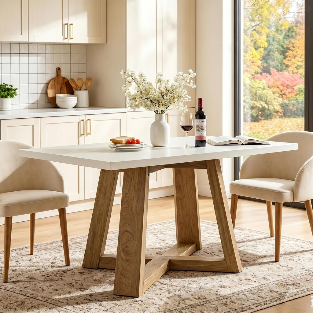 Tribesigns Dining Table for 4, 47.3 Inch Rectangular Farmhouse Kitchen Table with Gloss White Tabletop & Natural Wood Legs, Perfect for Kitchen, Dining Room, Living Room, or Apartment