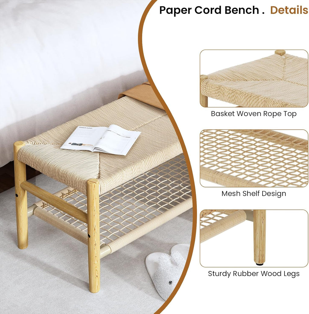 Recaceik Indoor Entryway Bench with Paper Cord Ottoman & Grid Storage Rack, Mid-Century Long Bench with Rubber Wood Legs, French Vanity End Bed Bench for Bedroom Living Room Channel