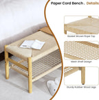 Recaceik Indoor Entryway Bench with Paper Cord Ottoman & Grid Storage Rack, Mid-Century Long Bench with Rubber Wood Legs, French Vanity End Bed Bench for Bedroom Living Room Channel