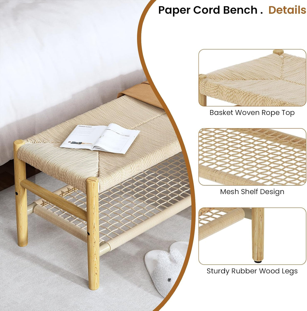 Recaceik Indoor Entryway Bench with Paper Cord Ottoman & Grid Storage Rack, Mid-Century Long Bench with Rubber Wood Legs, French Vanity End Bed Bench for Bedroom Living Room Channel