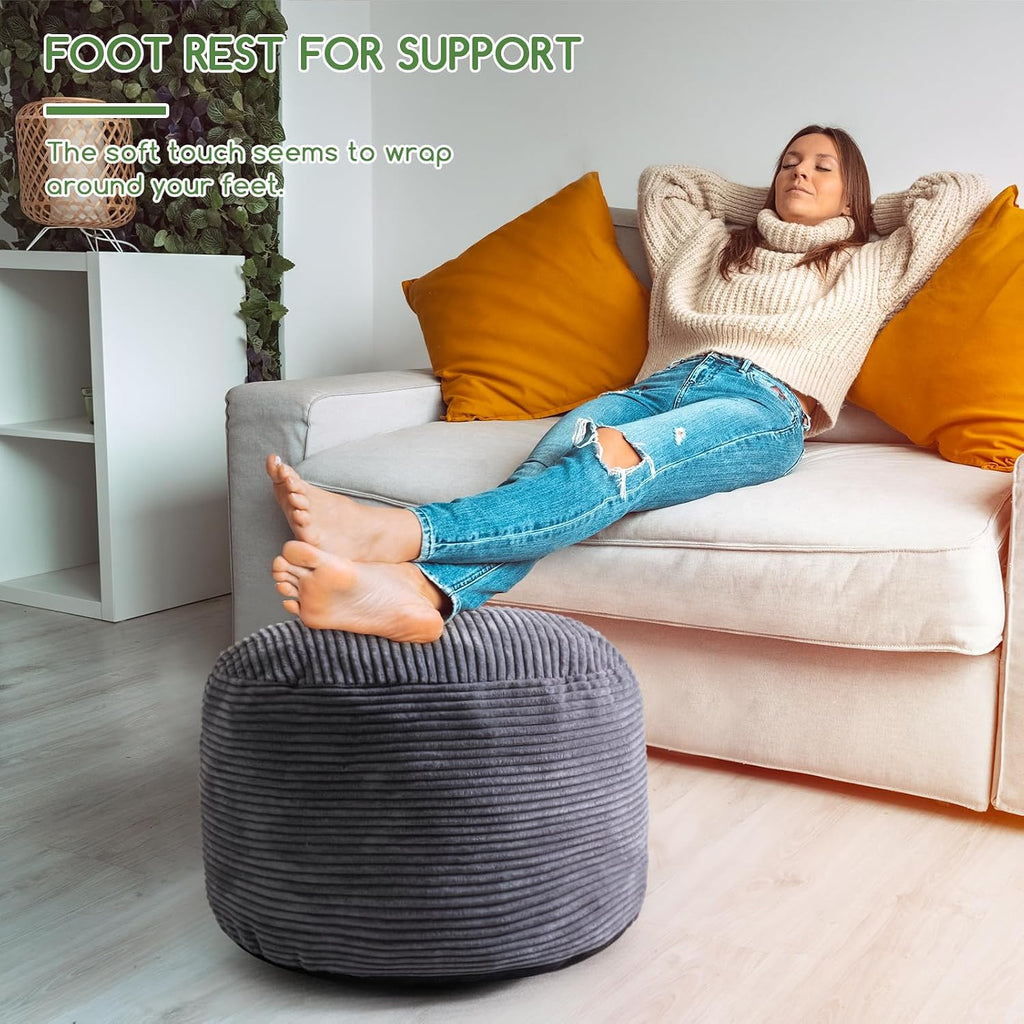 HIGOGOGO Round Stuffed Pouf Ottoman, Corduroy Poufs with Foam Chunk Filling, Furry and Fluffy Pouf Foot Stool Storage Ottoman, 20 X 15 Floor Poufs Foot Rest for Living Room, Dark Grey