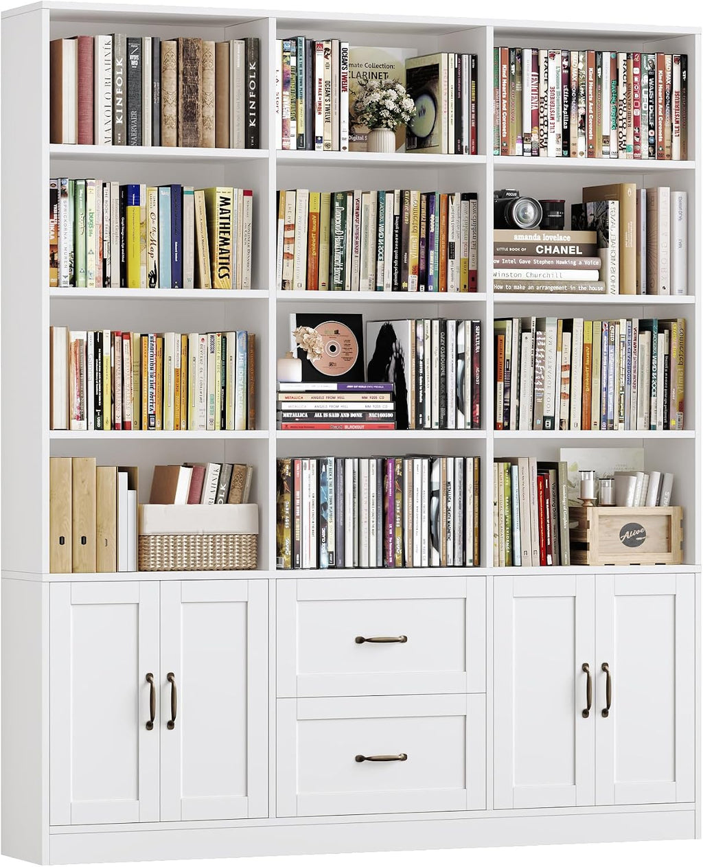 HOSTACK 71" Tall Triple Wide Bookshelf with Storage Drawers & Doors, White