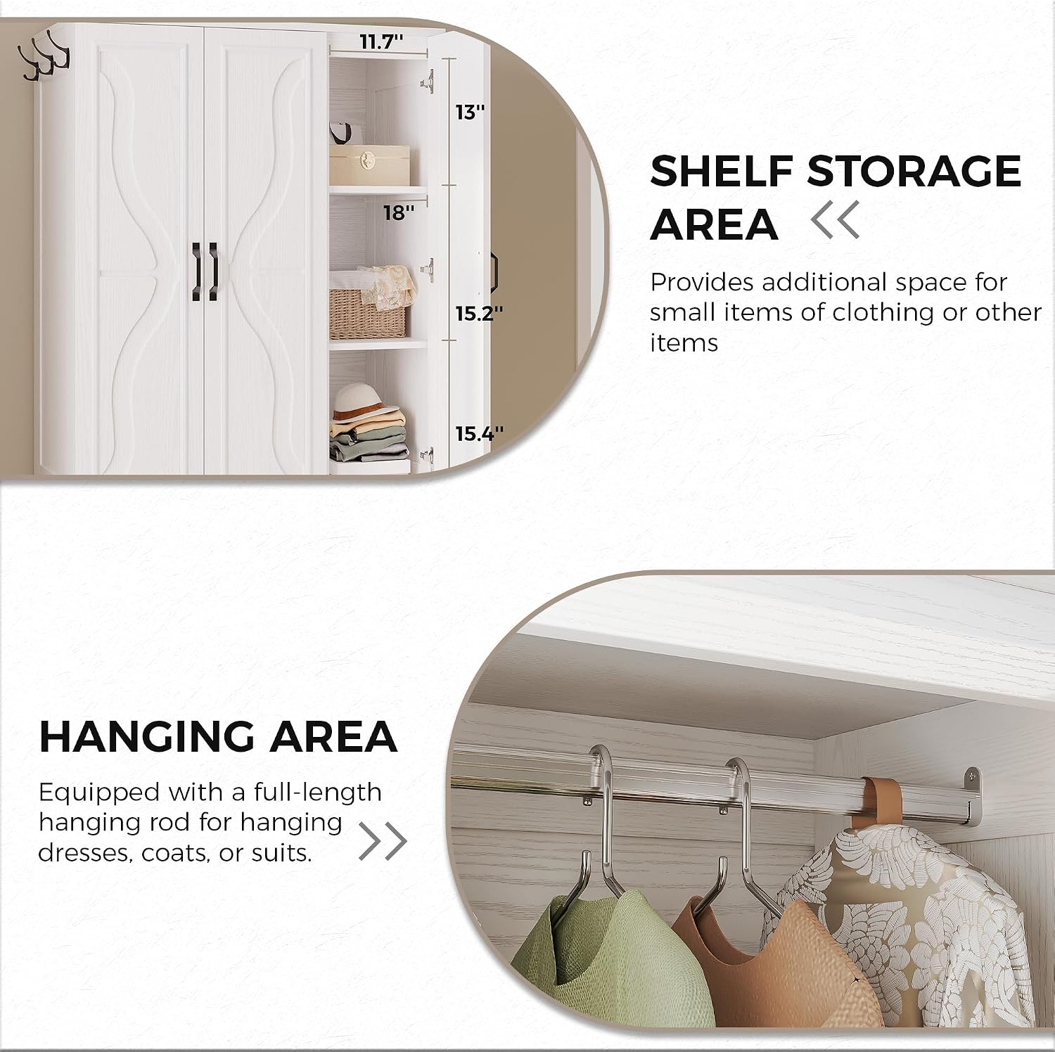 LIKIMIO Armoire Wardrobe Closet with 4 Doors and Drawers, White | Wardrobe Cabinet with Storage Shelves and Side Hooks, Clothing Storage Cabinet for Bedroom