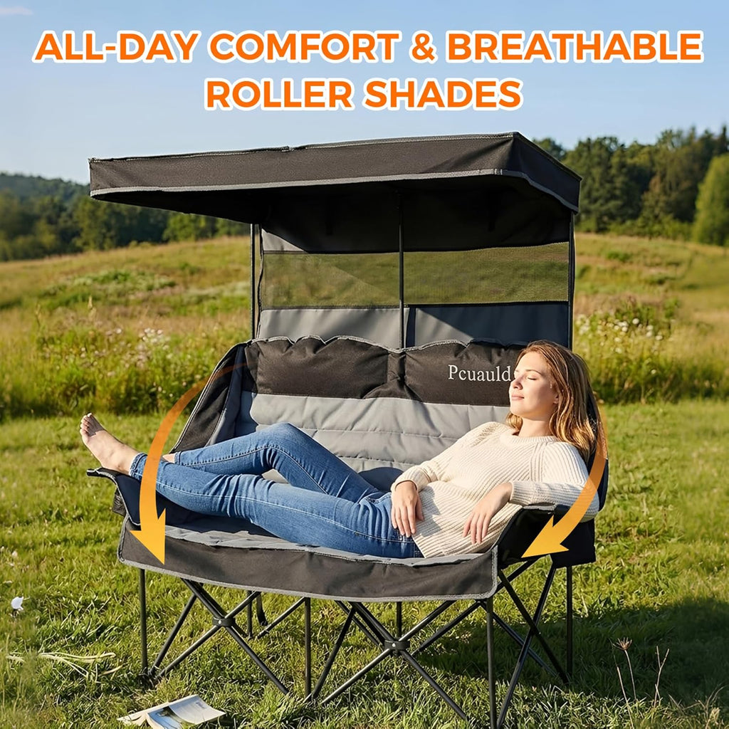 Double Camping Chair with Canopy Heavy Duty 2 Person Folding Loveseat Beach Chair with Shade High Back Oversized Outdoor Camping Couch with Cup Holders & Wine Racks for Lawn, Fishing, Sports