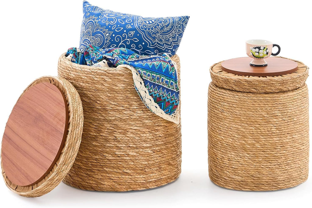 Round Storage Pouf Ottoman Hand Weaving Natural Boho Straw Footstool Pouffe | Breathable material, Hand‑woven from natural straw, Artisanal hand‑crafted texture, Bohemian home decor accent