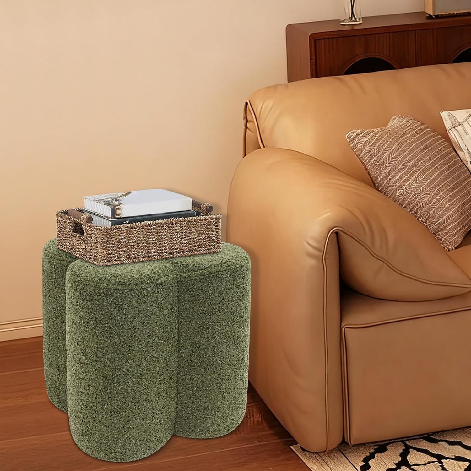 Pouf Ottoman, Flower Footrest Vanity Stool, 14.96"x15.74" Footstool Ottomans, Decorative Floor Poufs Foot Rest for Couch Bedroom Living Room Makeup Room Entryway (Green)