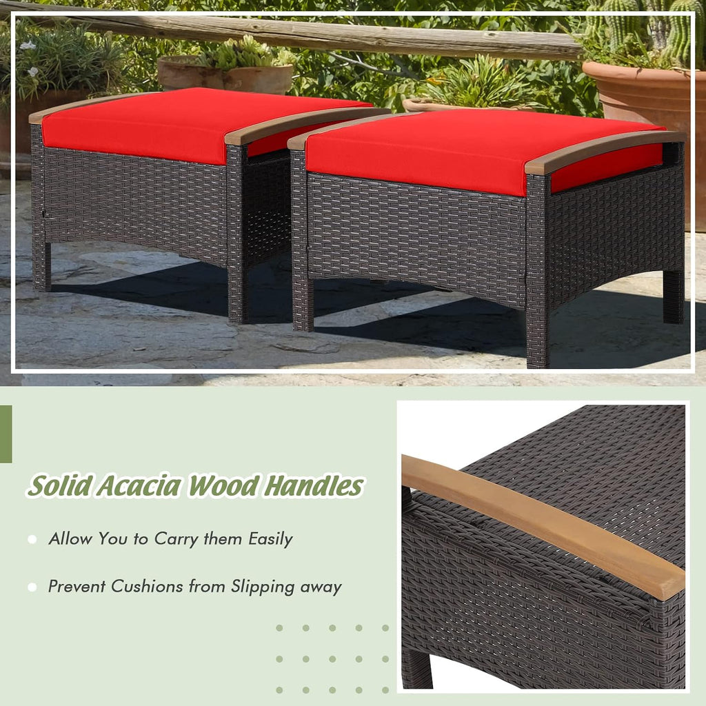 HAPPYGRILL Set of 2 Outdoor Patio Ottoman PE Rattan Wicker Ottomans with Removable Cushions and Solid Acacia Wood Handle Outdoor Footstool Footrest Set Seats and Side Table Set